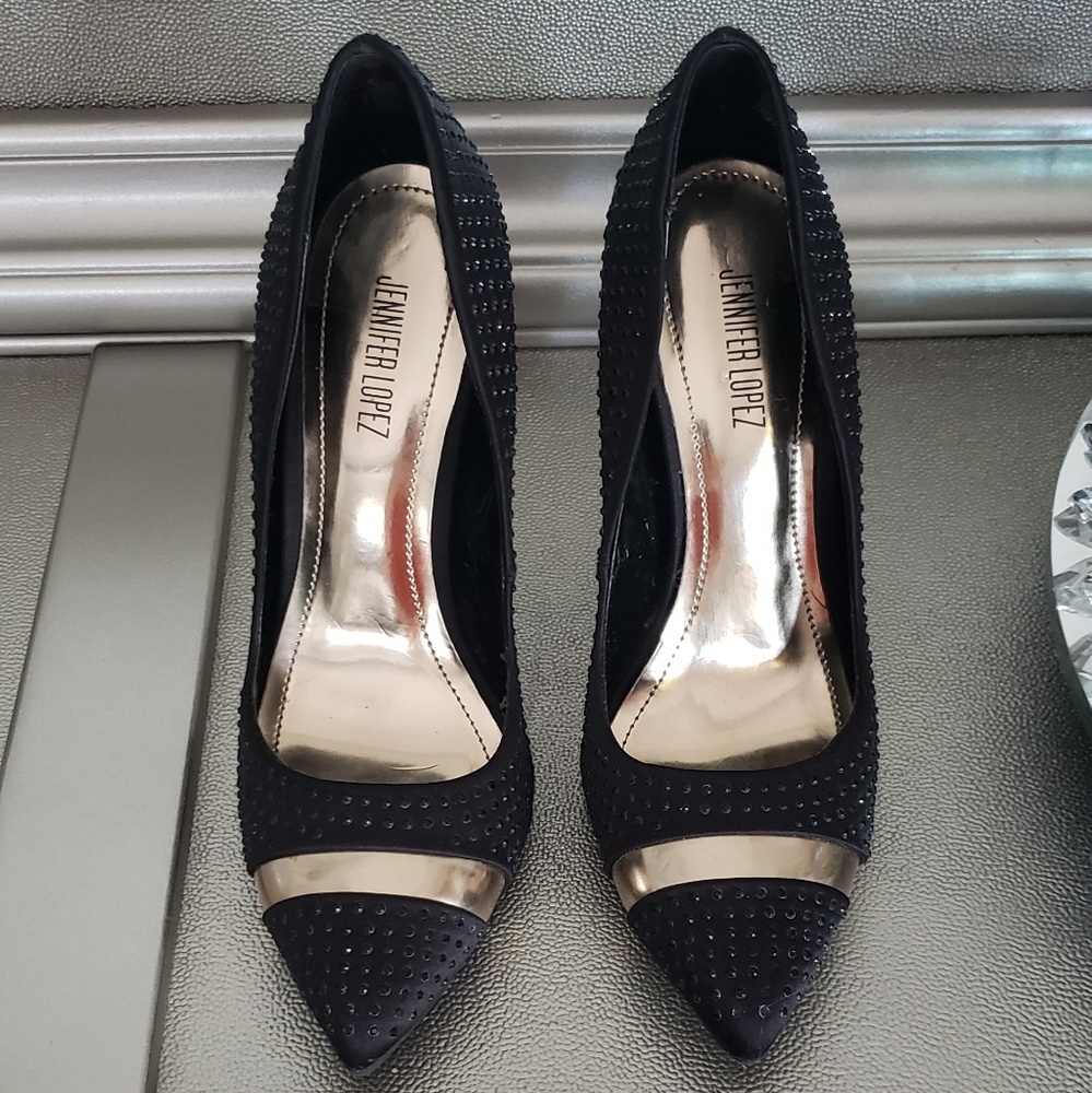 Jennifer Lopez Black and Gold Studded Heels